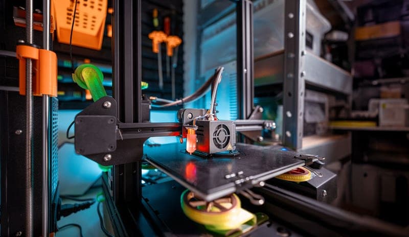 A large enclosed dual-nozzle 3D printer with its chamber door open